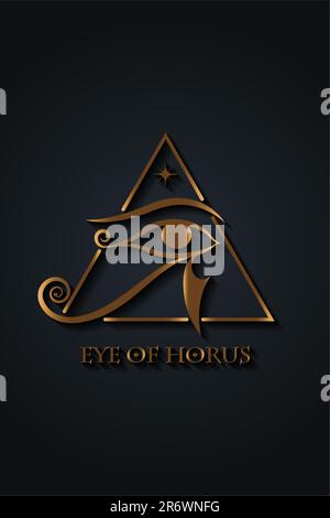 Goldenes Eye of Horus Logo-Design. Das alte ägyptische Mondzeichen. Mächtiges Pharaonen-Amulett, goldener Luxusvektor isoliert auf schwarzem Hintergrund Stock Vektor