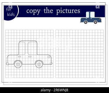 Kopieren Sie das Bild, ein pädagogisches Spiel für Kinder, ein Cartoon-Auto. Vektordarstellung auf weißem Hintergrund. Stock Vektor