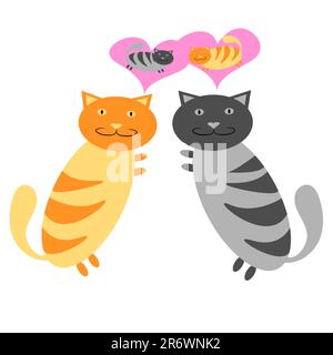 Graue Katze und rothaarige Katze, die sich in der Nähe umarmen und auf weißem Hintergrund an einander denken. Vektordarstellung. Stock Vektor