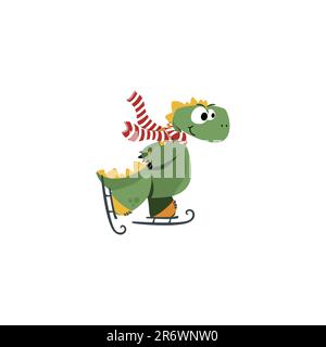 Süße Dinosaurier Schlittschuhlaufen im Winter Modezeichnung für Modekunstwerke, Kinderbücher, T-Shirt-Muster, Grußkarten. Liebenswerter handgezeichneter Ki Stock Vektor