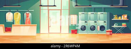 Öffentlicher Wäschereiservice oder chemische Reinigung mit Waschmaschinen, Trocknern, Schreibtisch mit Kleiderbügel für saubere, in Zellophan verpackte Kleidung. Leerer Raum mit Glastür, Cartoon-Vektorbild Stock Vektor