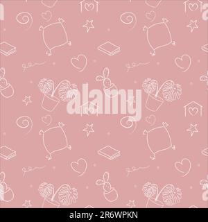 Handgezeichneter Vektor kritzelt gemütliches Zuhause. Gemalt: Monster, Kaktus, Kissen, Herz. Slogan: Bleib zu Hause Stock Vektor