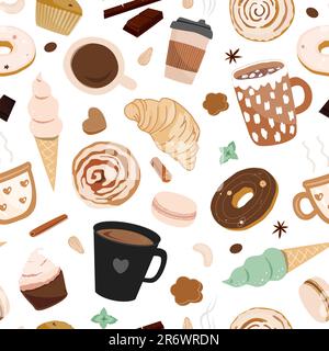 Kaffee und Dessert mit nahtlosem Muster auf weißem Hintergrund. Donuts, Makronen, Zimtschnecken und Croissants. Speisekarte mit Design, Konzept für Café Stock Vektor