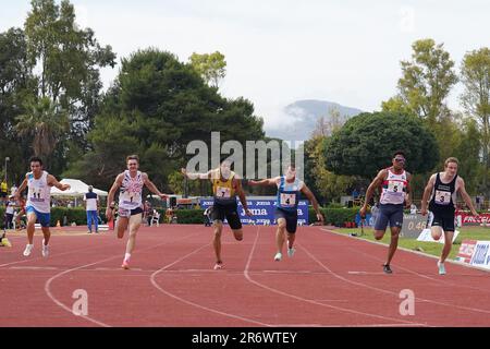 Palermo, Italien. 11. Juni 2023. 100m Men Finishing während Campionato Italiano Assoluto di Societa, Italiener Athletics in Palermo, Italien, Juni 11 2023 Kredit: Independent Photo Agency/Alamy Live News Stockfoto