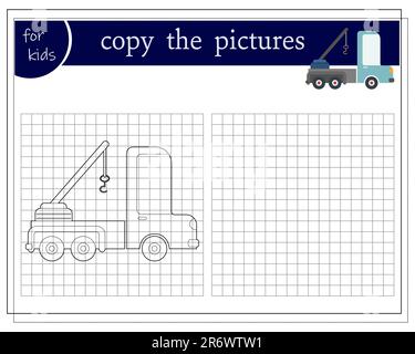 Kopieren Sie das Bild, ein pädagogisches Spiel für Kinder, einen Cartoon-Autokran. Vektordarstellung auf weißem Hintergrund. Stock Vektor