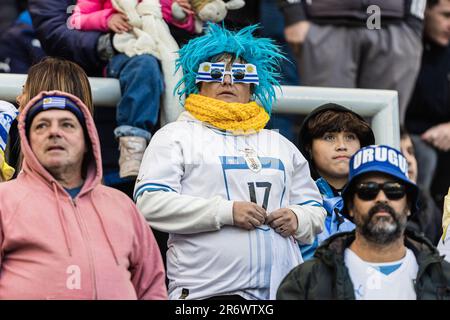 Uruguay-Fans vor dem Finale der FIFA-Weltmeisterschaft U20 Uruguay U20 gegen Italien U20 im La Plata Stadium, Tolosa, Argentinien, 11. Juni 2023 (Foto: Mateo Occhi/News Images) Stockfoto