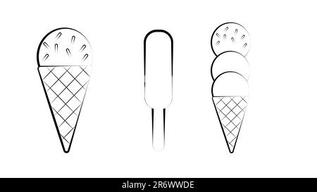 Eiscreme in verschiedenen Schüsseln: Stahl, Keramik, Glas, Waffel und Papierschüsseln. Handgezeichnete Vektorgrafien im Vintage-Stil. Ist Stock Vektor