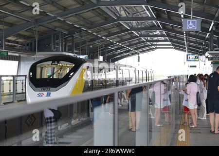 Bangkok, Thailand. 10. Juni 2023. Abschluss der 1-wöchigen MRTA (Mass Rapid Transit Authority of Thailand) und privater Konzessionäre, die der Öffentlichkeit zur Erprobung des MRT Yellow Line (Straddle Monorail) Trial Run Service offen stehen, in der Anfangsphase mit 13 Stationen vom Bahnhof Lat Phrao, Bangkok - Station Bangkok, Samut Prakan Provinz. Das Projekt der gelben MRT-Linie (Lat Phrao-Samrong) ist das erste überspannte Einschienenbahnsystem auf der erhöhten Struktur Thailands. (Foto von Teera Noisakran/Pacific Press) Kredit: Pacific Press Media Production Corp./Alamy Live News Stockfoto