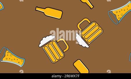 Nahtloses Muster von gelben, sich wiederholenden alkoholischen Biergläsern Glas mit Bier schaumiger Hopfengläser aus Malz Craft Lager auf braunem Hintergrund zum Tag S Stock Vektor