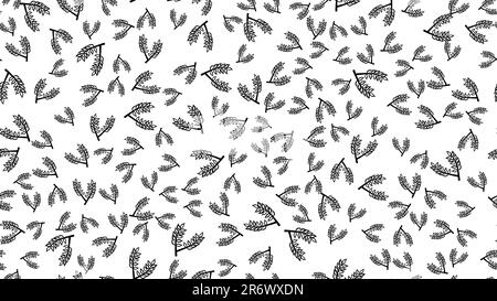 Nahtlose Textur schwarzer Pflanzenzweige mit Blättern und Stämmen von natürlichem, wunderschönem Malz, das beim Brauen zur Bierherstellung auf weißem Hintergrund verwendet wird Stock Vektor