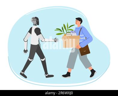 Das Mädchen kommt mit Box zur Arbeit. Roboter trifft sich, streckt ihre Hand zur Begrüßung aus. Personalbeschaffung. Zusammenarbeit, gemeinsame Arbeit. Bürokonzept. Stellen Sie bei ein Stock Vektor