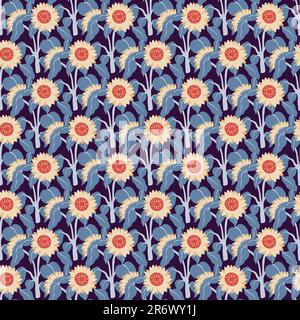 Gelbe Sonnenblumen auf einem blauen Stiel auf dunkelblau Stock Vektor