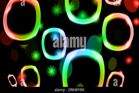 Abstrakte Textur von ungewöhnlichem, wunderschönem Licht, leuchtenden, hellen Kreisen von Ovarien energiegeladener magischer Neonfarbe, mehrfarbig schillernd mit Bokeh effektiv Stock Vektor