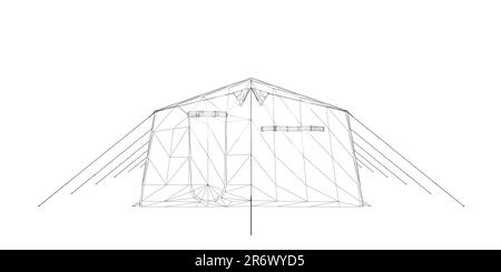 Drahtmodell, schwarzes weißes Zelt. Vektordarstellung isoliert auf weißem Hintergrund. Zelt zum Wandern und Reisen, Militär. Drahtmodell-Zelt für wilde Tiere Stock Vektor