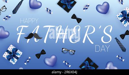 Happy Father's Day Vector Illustration blauer Hintergrund. Vatertag-Banner mit Krawatte, Schleife, Brille, Schnurrbart, Herzen, Geschenkbox. Stock Vektor