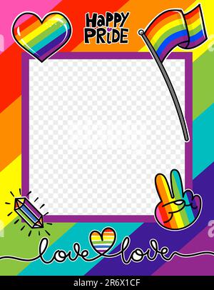 Happy Pride, Love is love - Pride Fotokabine Requisiten. Selfie mit Fotorahmen für die Stolz-Parade. Einen schönen Pride-Monat. Stock Vektor