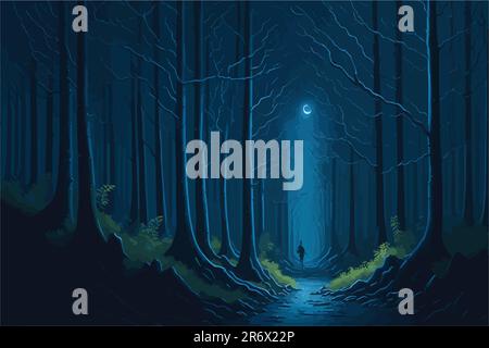 Eine ruhige Nacht im Mondschein in einem ruhigen Wald, mit Mondlicht, das durch die Baumkronen gefiltert wird und bezaubernde Schatten auf den Waldboden wirft Stock Vektor