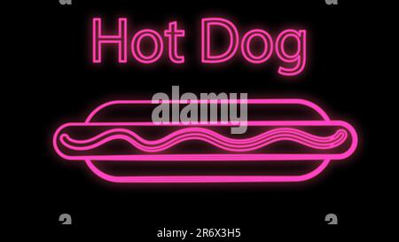 Hotdog auf schwarzem Hintergrund, Vektordarstellung. Brötchen mit Wurst, Ketchup. Neonschild mit der Inschrift Hot Dog für Restaurants und Cafés. Neon Stock Vektor