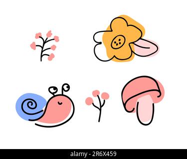 Schnecke, Blume, Beeren und Pilze. Farbenfrohe Vektordarstellung für Postkartendesign, Poster, Einladung, Bekleidung. Isolierte Symbole, Aufkleber Stock Vektor