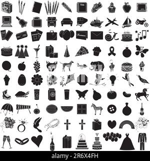 Vektordarstellung von 100-Symbolobjekten mit Konturen. Alles vom Urlaub bis zu den Vorräten. Stock Vektor