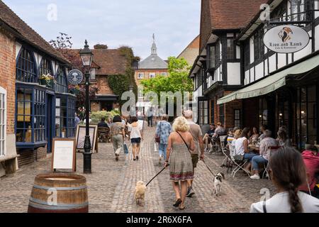 Die Leute laufen entlang der Fußgängerzone Lion and Lamb Yard Shopping Centre mit Restaurants, Cafés, einem Weinladen und anderen Läden zum Genießen. Farnham, Großbritannien Stockfoto