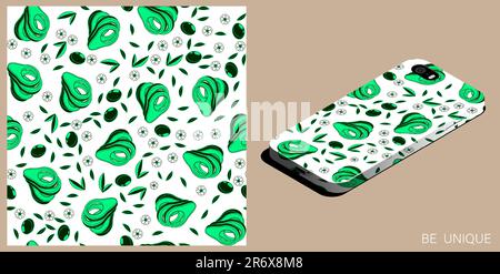 Modernes Smartphone in einzigartiger Hülle mit Avocado-Schnittholz, nahtloses Muster mit Blättern und Blumen. Isometrische Draufsicht. Vektorschmuck für des Stock Vektor
