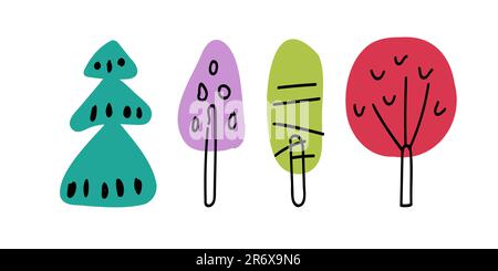 Bäume im minimalistischen Stil. Leuchtende Vektordarstellung für das Design von Karten, Postern, Einladungen und Kleidung. Isolierte Symbole, Aufkleber Stock Vektor