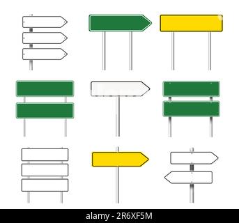 Verschiedene leere Straßenschilder auf weißem Hintergrund, Collage-Design Stockfoto