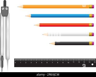 Die Werkzeuge, die isoliert auf einem weißen Hintergrund für die Geometrie. Bleistifte, ein Lineal und einem Zirkel Stock Vektor