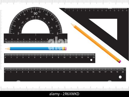 Schwarzer Herrscher, Mess-Skala, Winkelmesser und Bleistift isoliert auf weißem Hintergrund Stock Vektor