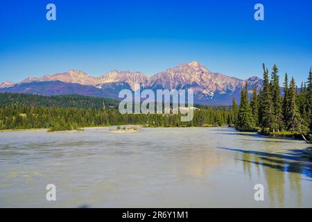 Der Pyramidenberg erhebt sich über diesem Panoramablick auf den schnell fließenden Athabasca River in der Nähe von Jasper in den Kanadischen rockies Stockfoto