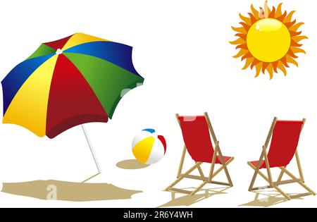 Liegestuhl mit Sonnenschirm, Liegestuhl und Strandball Stock Vektor