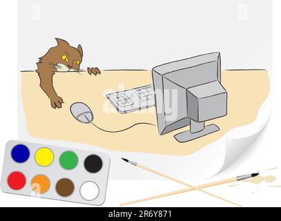 Kinder ziehen von Katze und Computer malt ein Pinsel auf Papier Stock Vektor