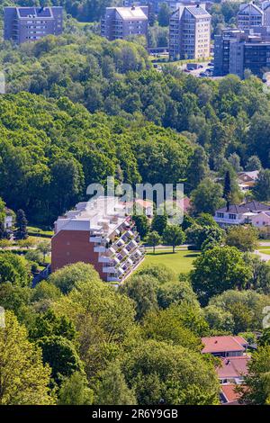Wohnhäuser in einer Stadt mit Grünflächen und üppigen grünen Bäumen Stockfoto