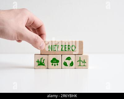 Netto-Null- und CO2-neutrales Konzept. Nettoziel für keine Treibhausgasemissionen. Mit der Hand wird ein Holzblock mit dem Wort net zero mit Umweltschutz platziert Stockfoto