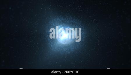 Abstrakter futuristischer, leuchtender blauer Lichtkegel, runde Kugel, kosmischer Stern aus magischer High-Tech-Energie auf dem Hintergrund der Weltraumgalaxie. Abstrakter Hintergrund. Stockfoto