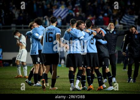 La Plata, Argentinien. 11. Juni 2023. Die Uruguay-Nationalmannschaft feiert ihren Sieg nach dem Spiel Uruguay gegen Italia im Rahmen der Weltmeisterschaft U20 Argentinien 2023 – Finalspiel im Estadio Unico „Diego Armando Maradona“. Endergebnis: Uruguay 1 - 0 Italia Kredit: SOPA Images Limited/Alamy Live News Stockfoto