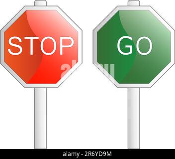 Vektordarstellung. „Stop and Go“-Schilder. Isoliert auf weiß. Die verschiedenen Grafiken befinden sich alle auf separaten Ebenen, sodass sie einfach verschoben oder bearbeitet werden können... Stock Vektor