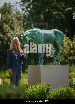 Greenlaw, Großbritannien. 11. Juni 2023. Frippy Jameson Skulptur „Still“ Pferdeskulptur aus Bronze. Steht für „Ruhe jenseits des Lärms“ die Skulptur wird ab dem 13. Juni in der Rountree Tryon Gallery, St. James's, London, ausgestellt. Frippy Jameson studierte Fine Art Sculpture am Camberwell College of Art and Design und City & Guilds of London Art School Frippy lebt und arbeitet in ihrem Studio in den schottischen Grenzen. In der Ferne sind die Cheviot Hils. Bildnachweis: phil wilkinson/Alamy Live News Stockfoto