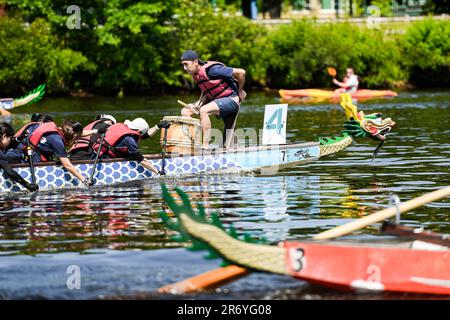 Cambridge, USA. 11. Juni 2023. Die Teilnehmer treten am Boston Hong Kong Dragon Boat Festival in Cambridge, Massachusetts, USA, am 11. Juni 2023 an. Mehr als 60 Teams nahmen am Sonntag an dieser Veranstaltung Teil. Kredit: Ziyu Julian Zhu/Xinhua/Alamy Live News Stockfoto