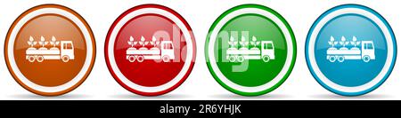 LKW, Pflanzen und Bäume liefern glänzende Symbole, eine Reihe moderner Designschaltflächen für Web-, Internet- und mobile Anwendungen in vier isolierten Farboptionen Stockfoto