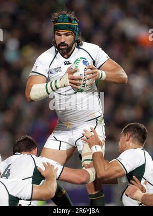 Der südafrikanische Victor Matfield gewinnt bei einem Spiel der Rugby-Weltmeisterschaft 2011, North Harbour Stadium, Auckland, Neuseeland, Freitag, 30. September 2011. Stockfoto