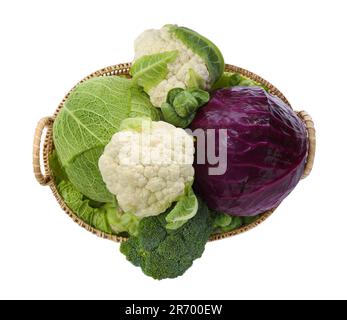 Weidenschale mit verschiedenen Arten von Frischkohl auf weißem Hintergrund, Draufsicht Stockfoto