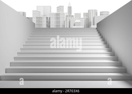 3D Abbildung. Architektur. Treppe steigt auf den Weltraum Hintergrund, Stadt mit Himmel und Wolken. Stockfoto