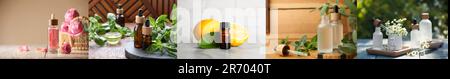 Verschiedene ätherische Öle in Glasflaschen, Collage-Design Stockfoto