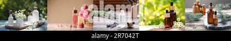Verschiedene ätherische Öle in Glasflaschen, Collage-Design Stockfoto