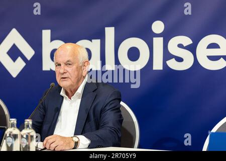 Gent, Belgien. 12. Juni 2023. Der Vorsitzende von Gent, Ivan De Witte, zeigte sich auf einer Pressekonferenz des belgischen Fußballvereins KAA Gent, um Baloise als neuen Handelspartner vorzustellen und das Trikot für die nächste Saison, Montag, den 12. Juni 2023 in Gent, zu präsentieren. BELGA FOTO JAMES ARTHUR GEKIERE Kredit: Belga News Agency/Alamy Live News Stockfoto