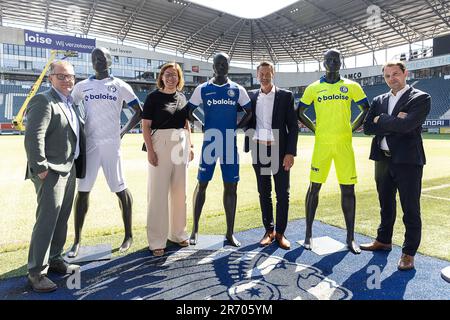 Gent, Belgien. 12. Juni 2023. Abbildung zeigt eine Pressekonferenz des belgischen Fußballvereins KAA Gent, auf der Baloise als neuer Handelspartner angekündigt und das Trikot für die nächste Saison, Montag, den 12. Juni 2023, in Gent vorgestellt wird. BELGA FOTO JAMES ARTHUR GEKIERE Kredit: Belga News Agency/Alamy Live News Stockfoto