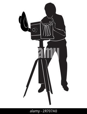 Silhouette des Fotografen mit der alten Kamera auf weißem Hintergrund Stock Vektor