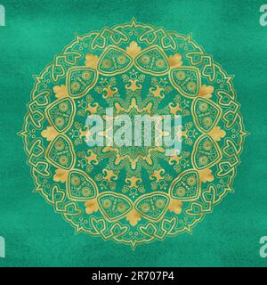 Handgezeichnetes Aquarell-Mandala mit goldener Textur. Kann zum Drucken, Textil, für andere Designs verwendet werden. Wunderschönes Spitzenelement. Stockfoto